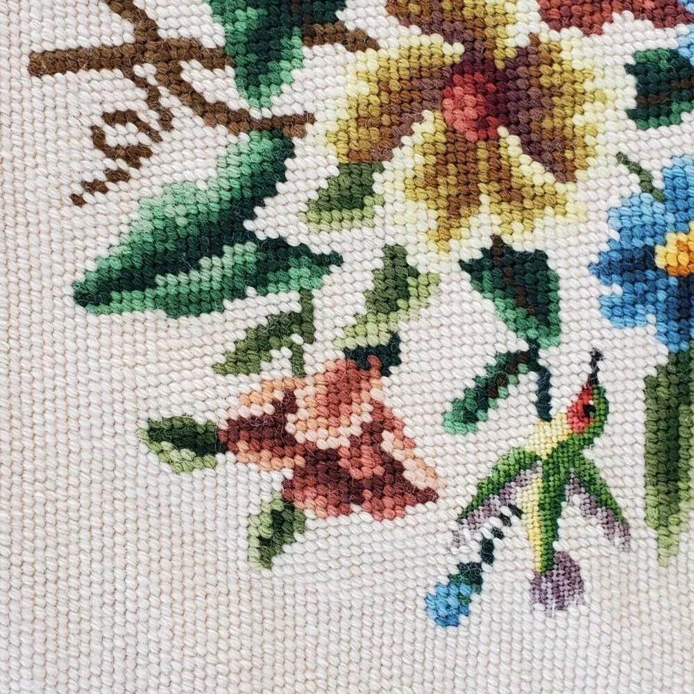 Embroidered Floral Tapestry Piece 16x14 Square Handmade Bird Cottagecore Flowers - Picture 6 of 7